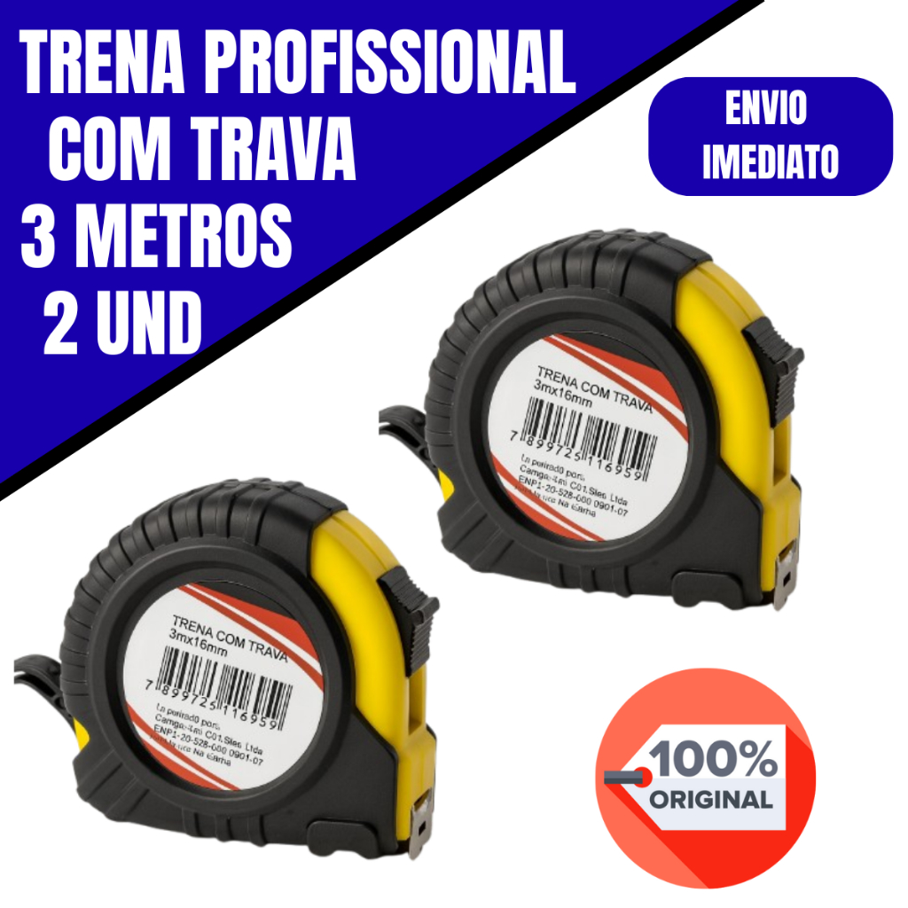 Kit 1/2/3 Trena métrica profissional emborrachada com trava 3 metros
