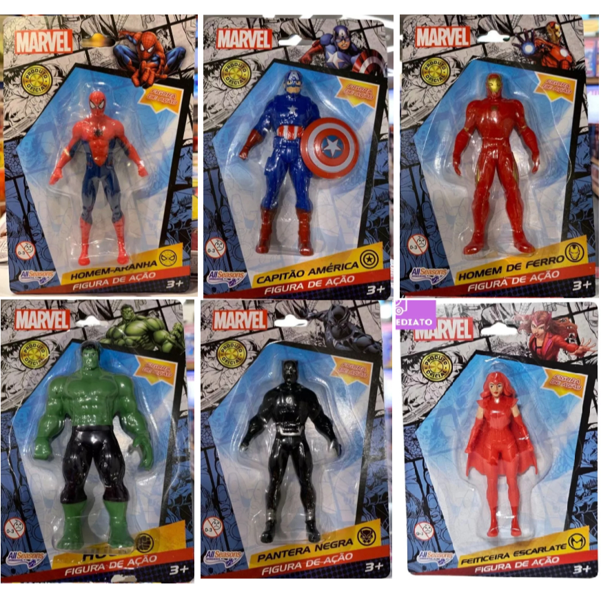 Bonecos Marvel 10cm - Capitão América, Homem de Ferro, Homem Aranha, Hulk, Feiticeira Scarlate e Pantera Negra