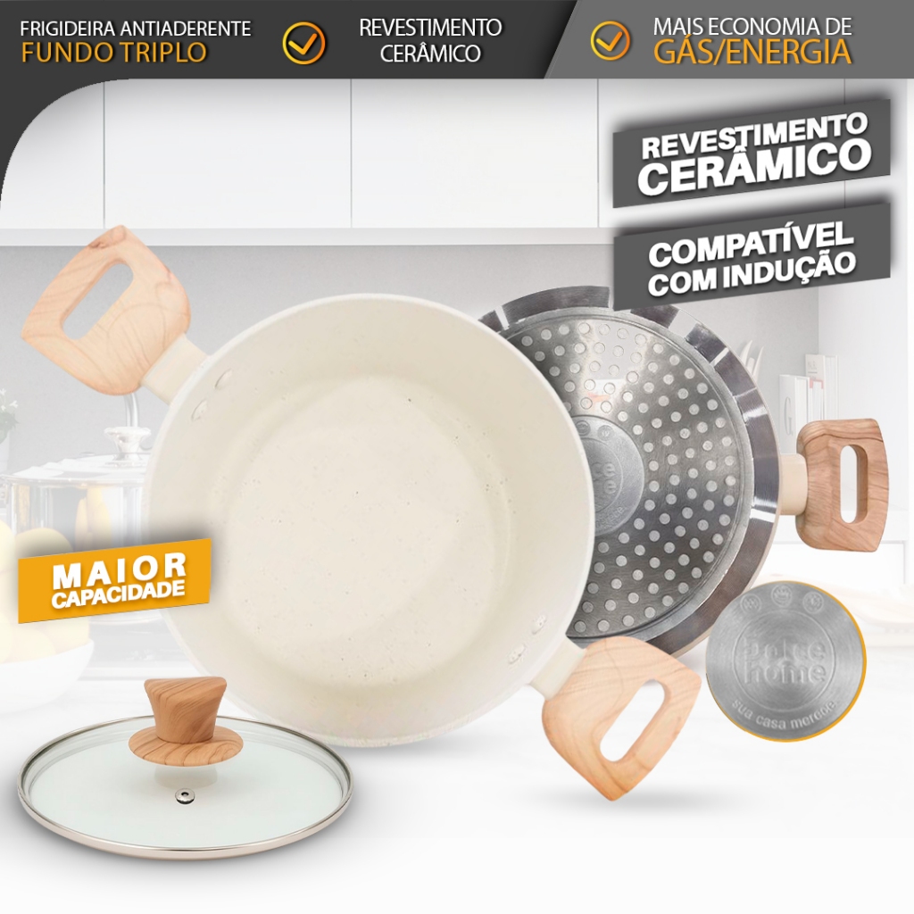 Caçarola Panela 2,4L Antiaderente Fundo Triplo com Tampa de Vidro – Cabo Efeito Madeira