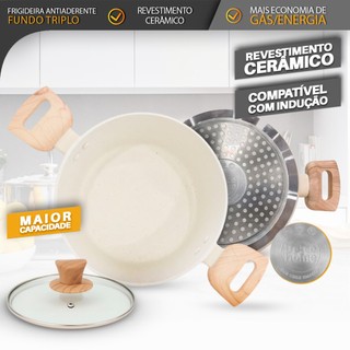 Caçarola Panela 2,4L Antiaderente Fundo Triplo com Tampa de Vidro – Cabo Efeito Madeira