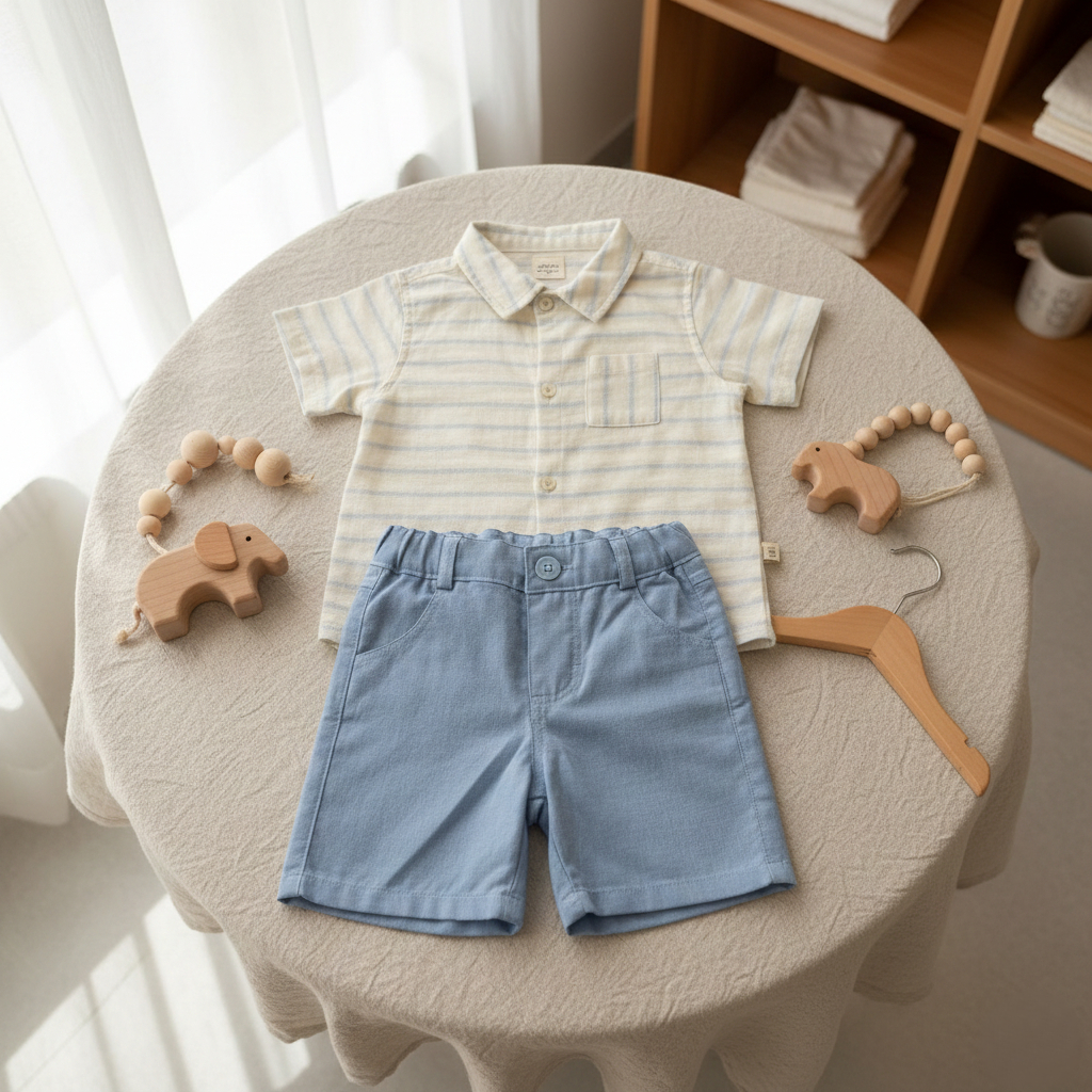 Kit Roupa Menino Infantil Social 2 Peças Com Camisa E Bermuda Para Festa Verão Look Premium