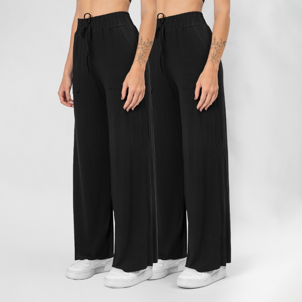 Kit 2 Calças Pantalona Feminina de Viscolycra Cintura Alta Barra a Fio Elegante e Confortável