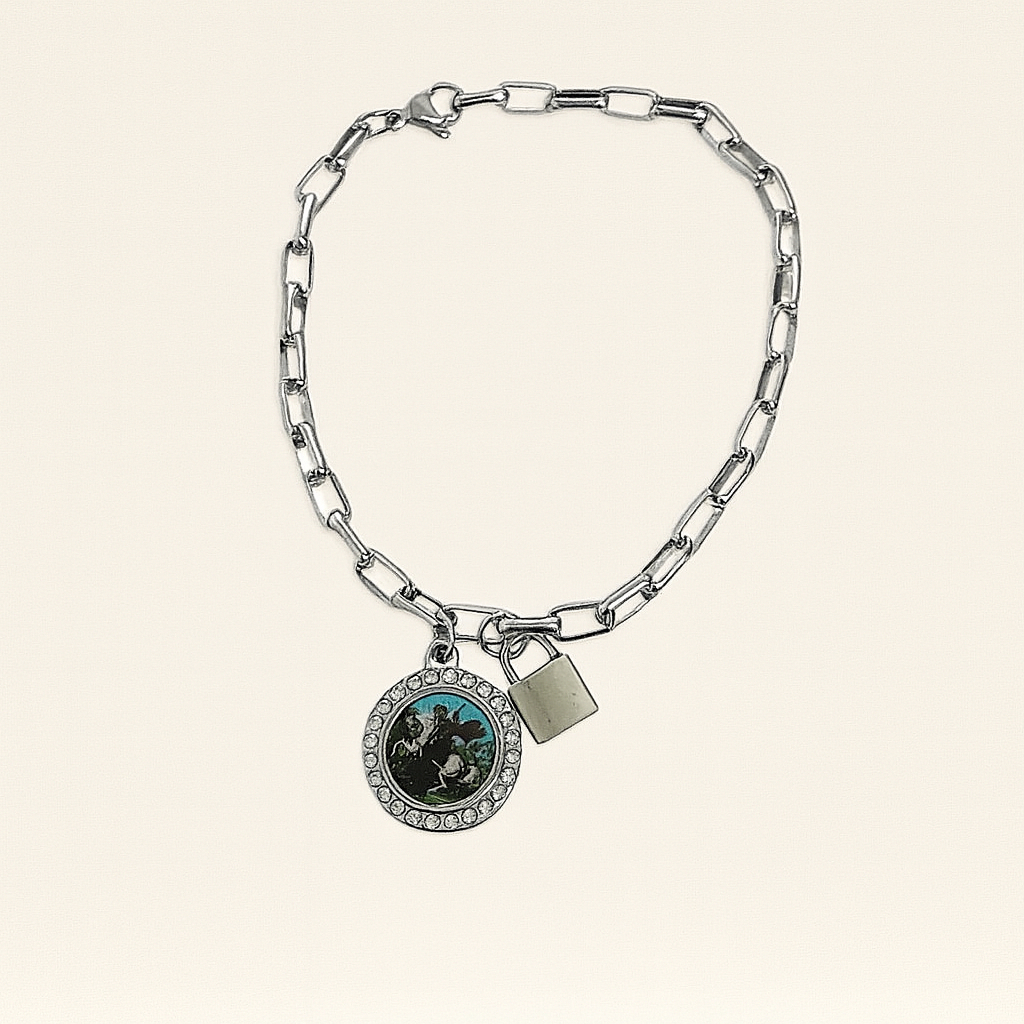 Pulseira Aço Inoxidável 316L São Jorge 22cm | Pingente com Brilhos + Cadeado | Acessório Masculino/Feminino