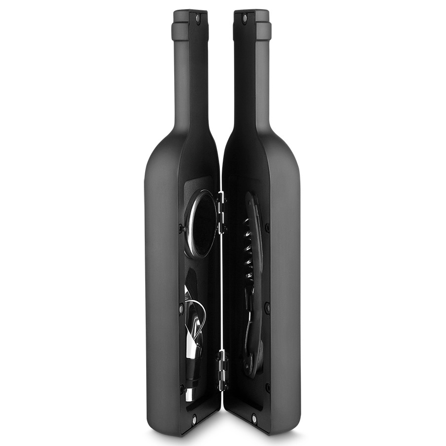 Kit para Vinho com 4 Peças com Estojo em forma de Garrafa Wine Time