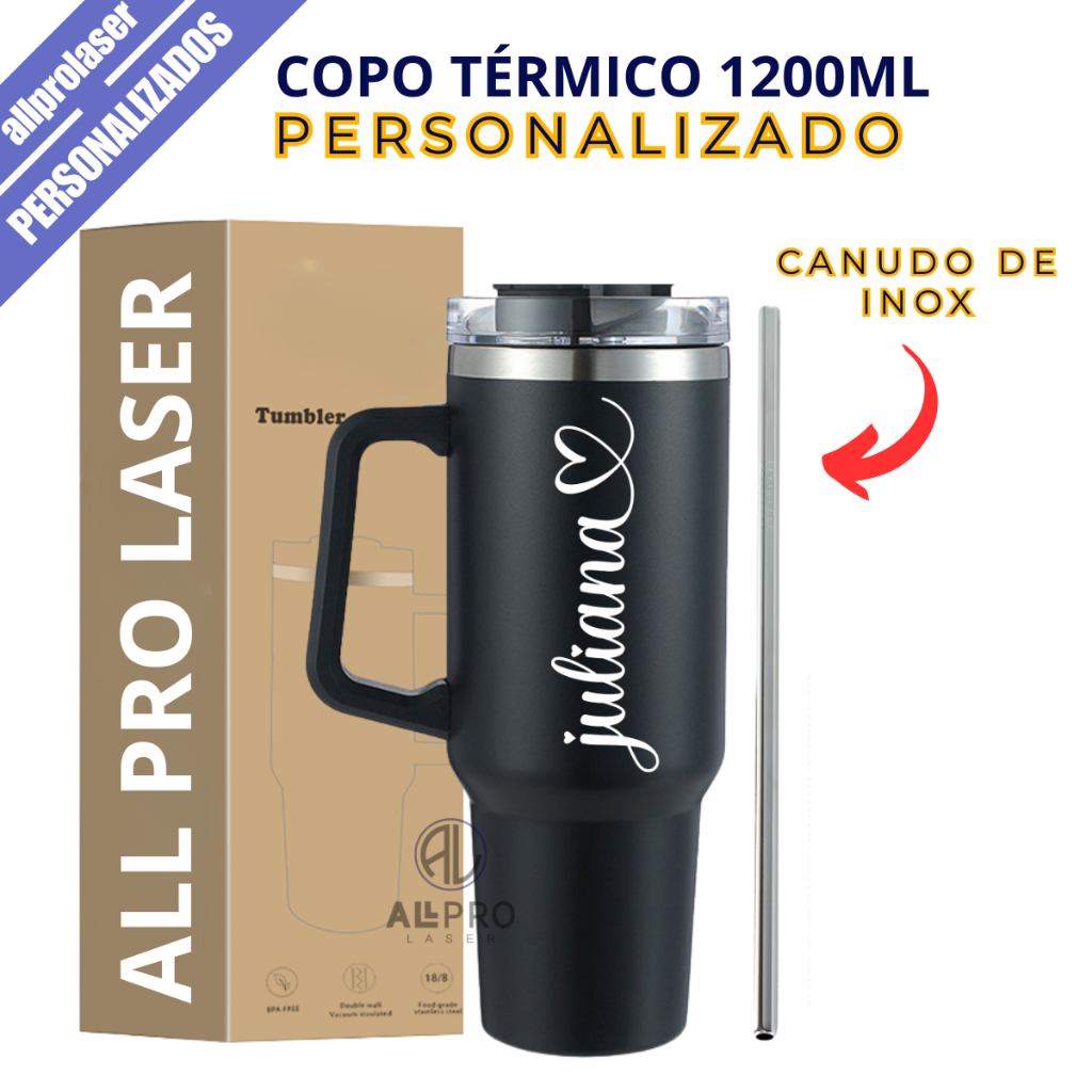 Copo Térmico 1200ml Com Alça E Canudo de Aço Inox Personalizado Com Nome