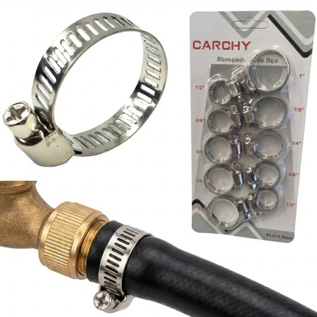 Kit 10 Abraçadeiras De Metal E Aço Inox Reforçado Vedação Para Mangueira Cartela 1" 1/2" 3/4" 5/8" 7/8"