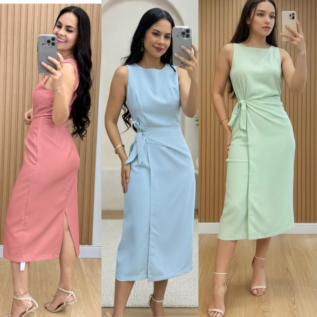 Vestido Feminino Alfaiataria Midi com Amarração Lateral Elegante Social em Oferta na Shopee