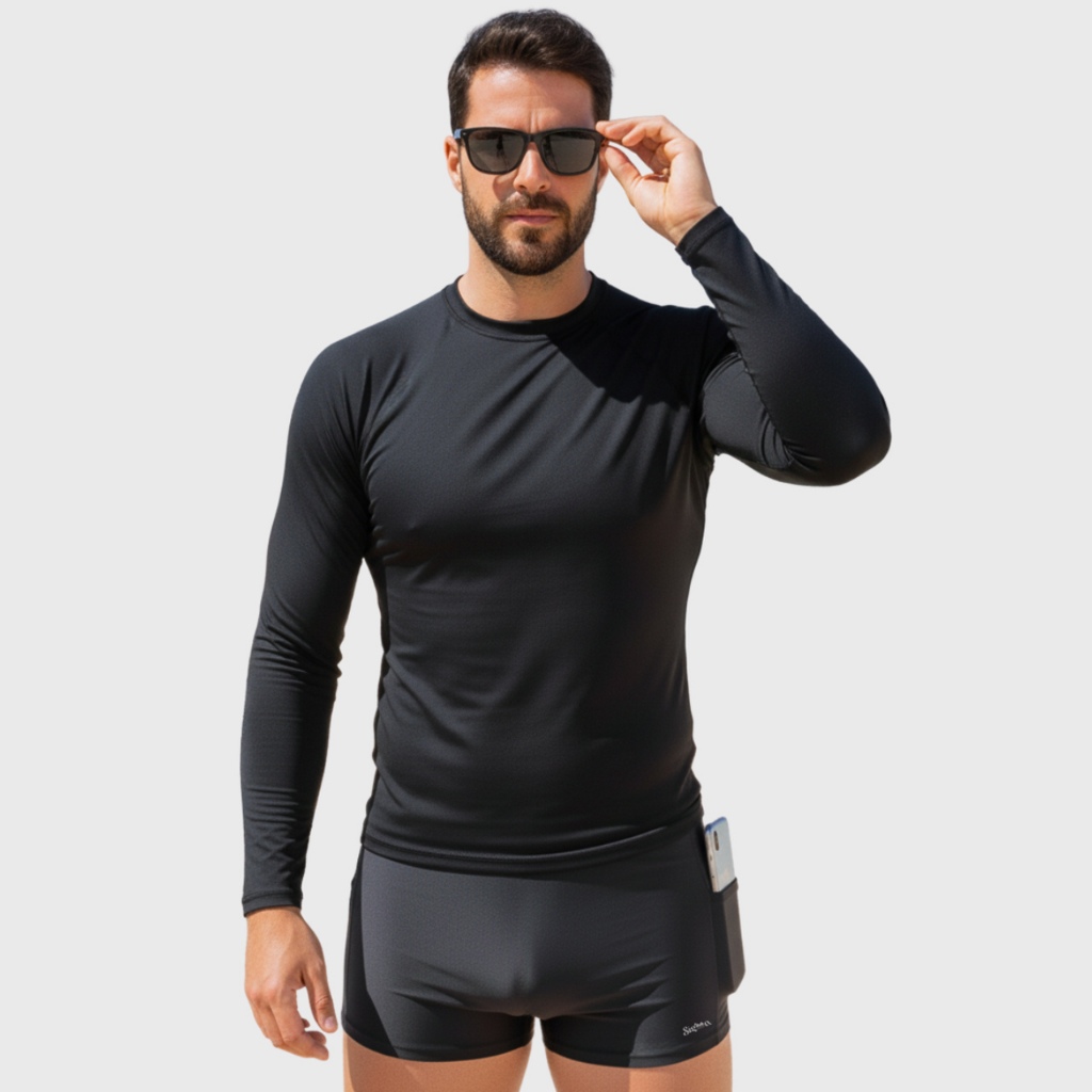 Kit Masculino Camisa Térmica Proteção Uv50  + Sunga Boxer Tradicional Zíper Bolso Forrada Moda Praia