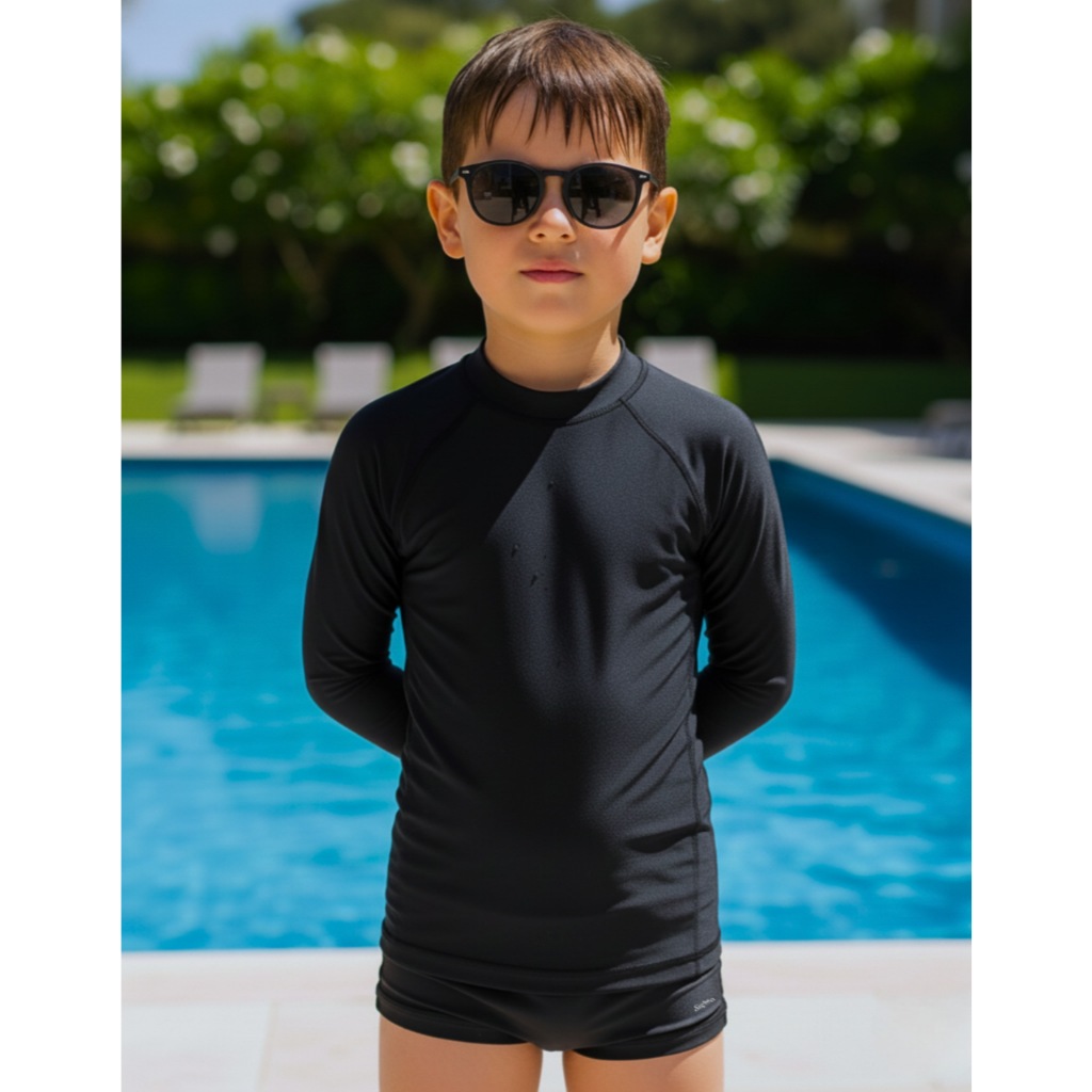 Conjunto Infantil Camisa Térmica Manga Longa Proteção Solar Uv Sunga Boxer Lisa Forrada Moda Praia