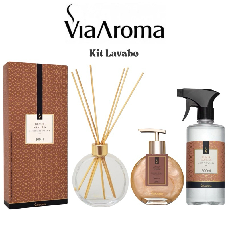 Kit Aromatizador Via Aroma Difusor de Varetas 200ml + Sabonete Líquido 200ml + Água Perfumada 500ml