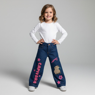 Calça Jeans Infantil Menina 4–16 Wide Leg Estampada (Capivara ou Corações) – Confortável e Moderna em Oferta na Shopee