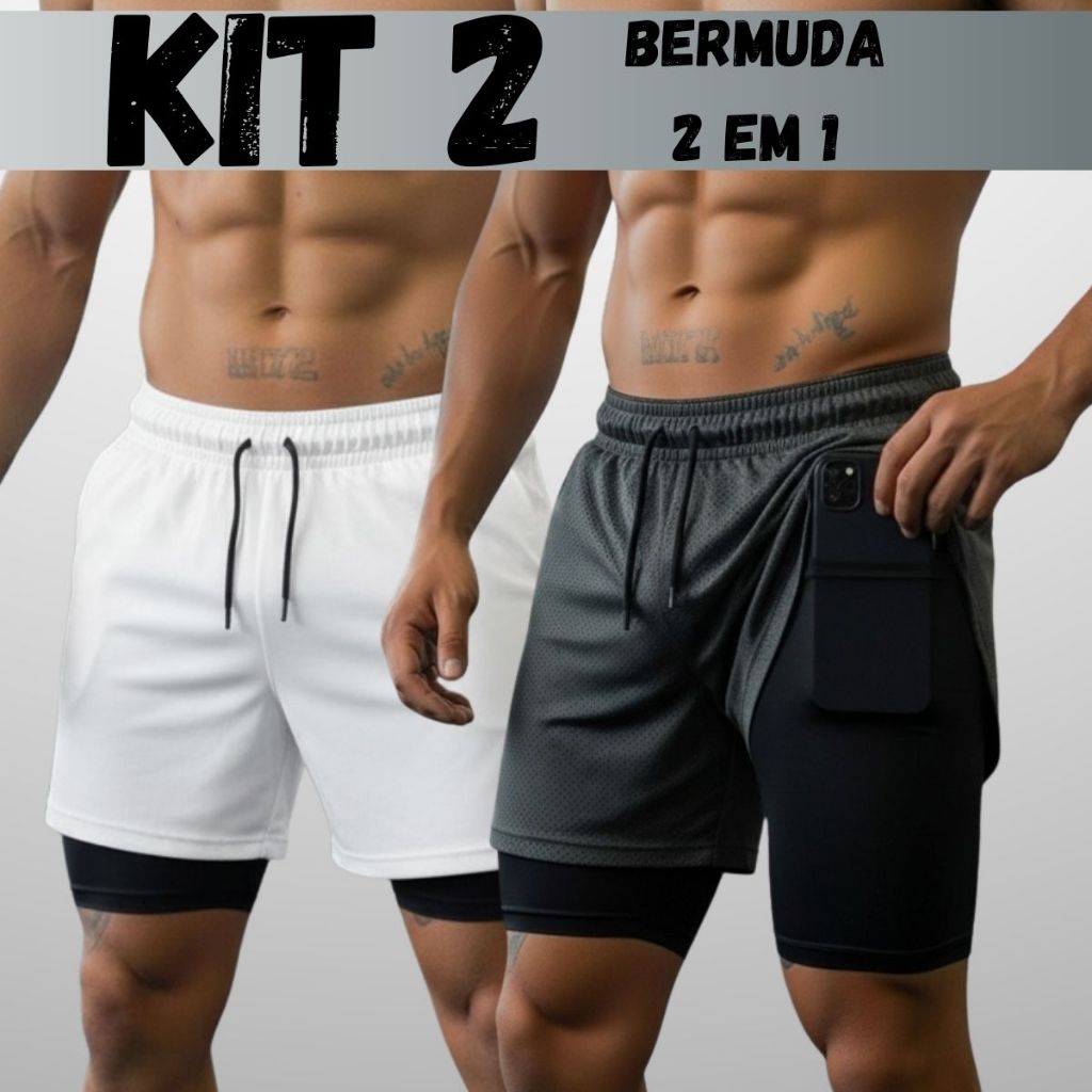 PROMOÇÃO Kit 2 Shorts 2 Em 1 Para Academia Bermuda Dry Fit Dupla Com Bolso Interno Treino Academia