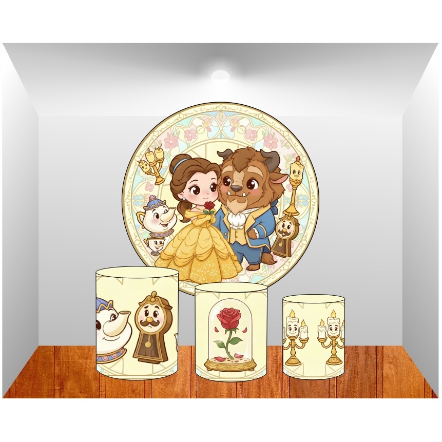 KIT PAINEL DE FESTAS, A BELA E A FERA CUTE DRAW, REDONDO 1,5M DE DIÃMETRO + 3 CAPAS DE CILINDROS