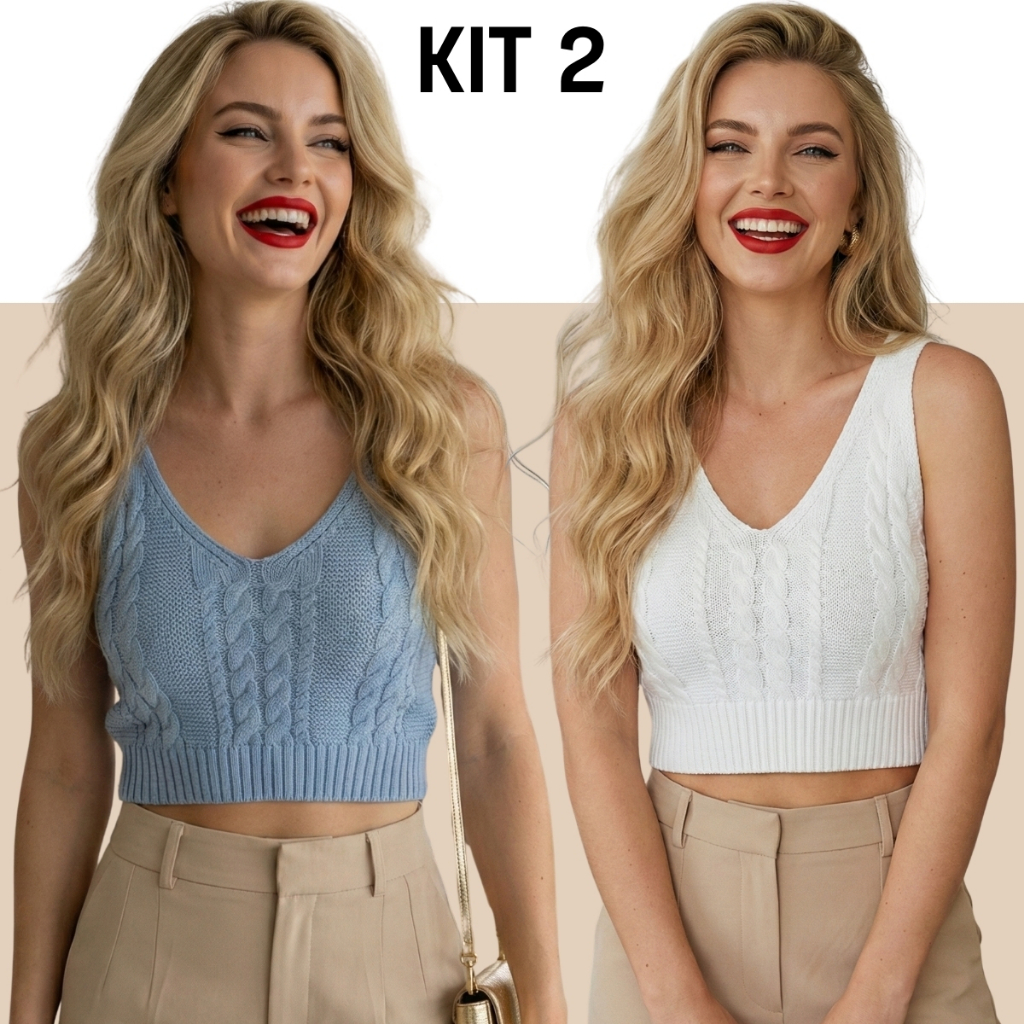 Kit 2 Cropped Tricot Regata Trançado Decote V Alça Fina Tendência Verão Moda Gringa Feminino