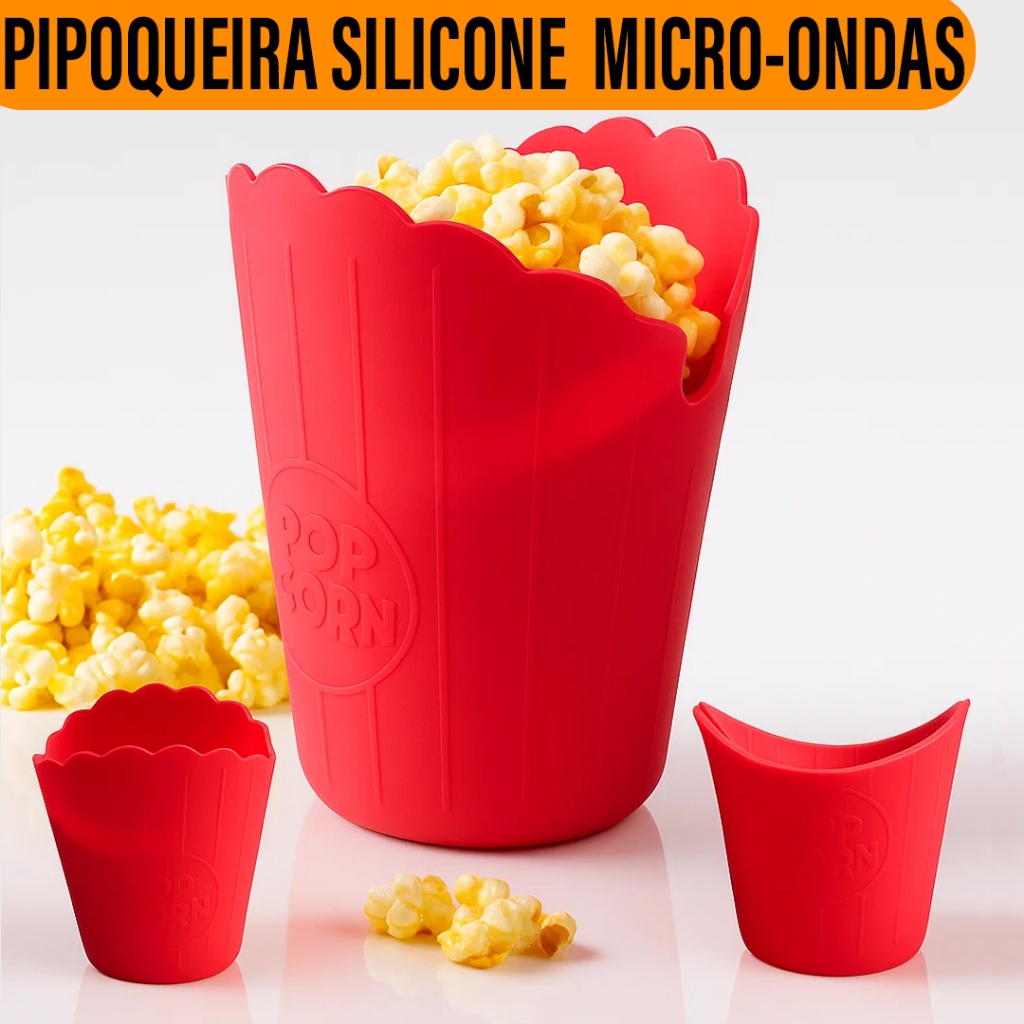 Pipoqueira de Silicone Yab Vermelha P/ Microondas Redonda Tampa Dobrável Balde Pipoca Prática Leve