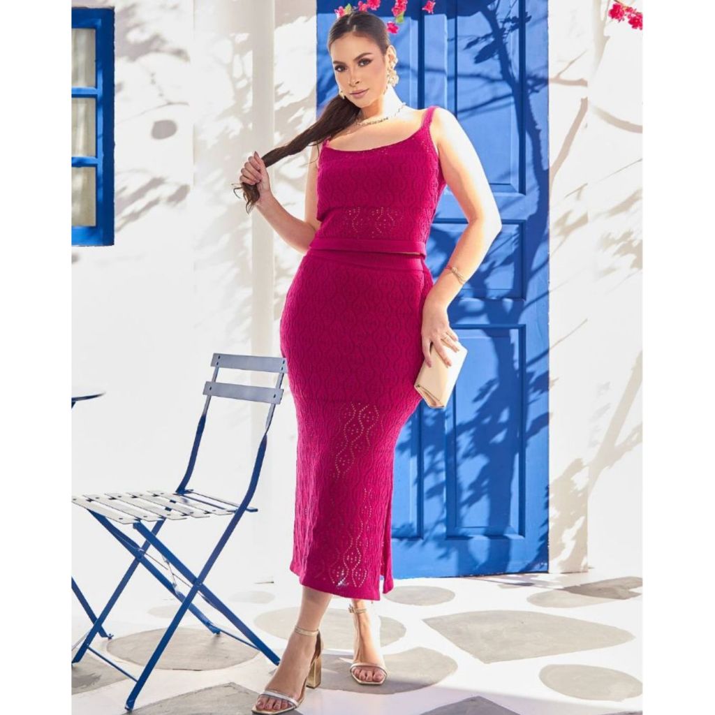 Conjunto Feminino em Tricô Saia Canelada Com Venda Lateral Cropped Regata Cintura Alta Verão em Oferta na Shopee