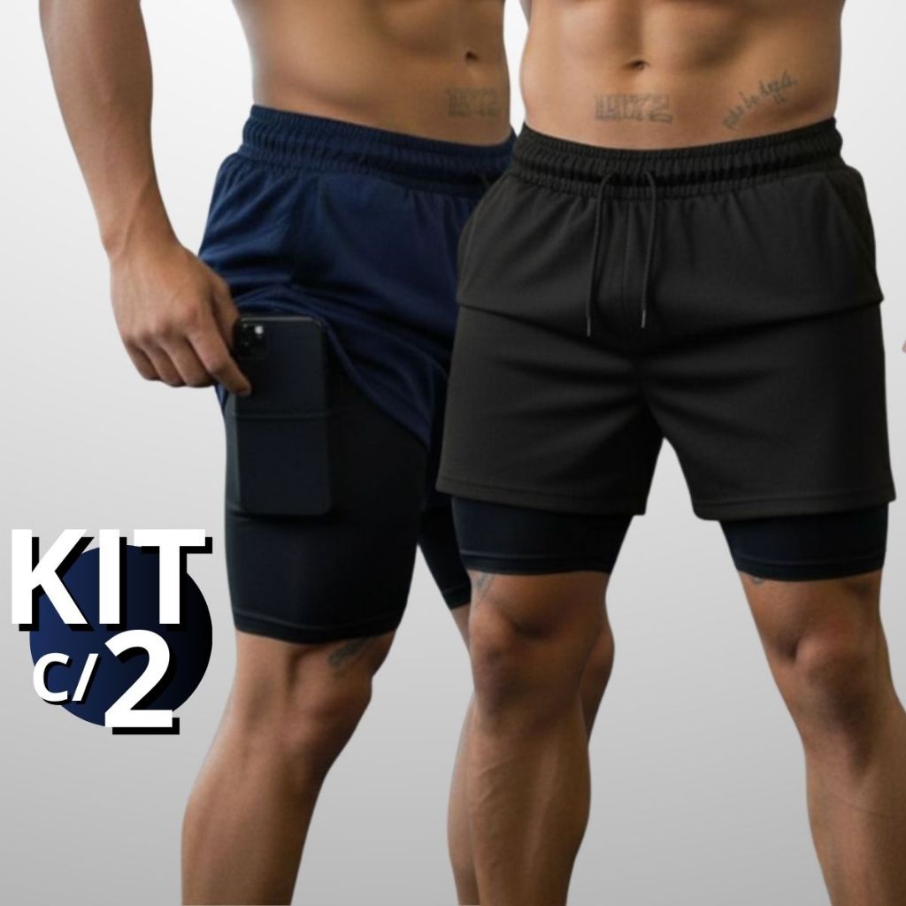 Kit 2 Shorts Masculino 2 Em 1 Dry Fit Crossfit Treino Academia Com Bolso Interno