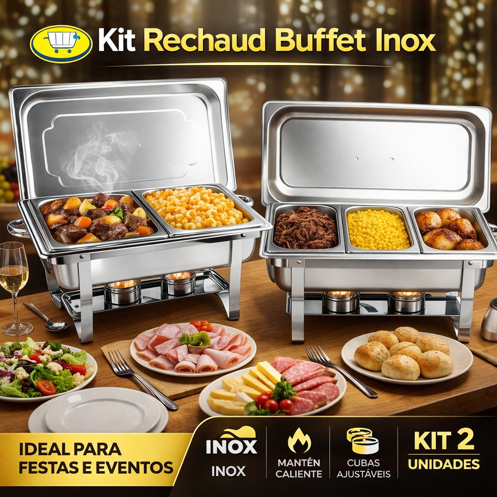 Kit 2 Rechaud Retangular 9 Litros com 2/3 Cubas Banho Maria Gourmet Self Service Buffet Profissional