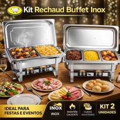 Kit 2 Rechaud Retangular 9 Litros com 2 e 3 Cubas Inox Banho Maria Fogareiro Álcool Gourmet Buffet Jantar Profissional