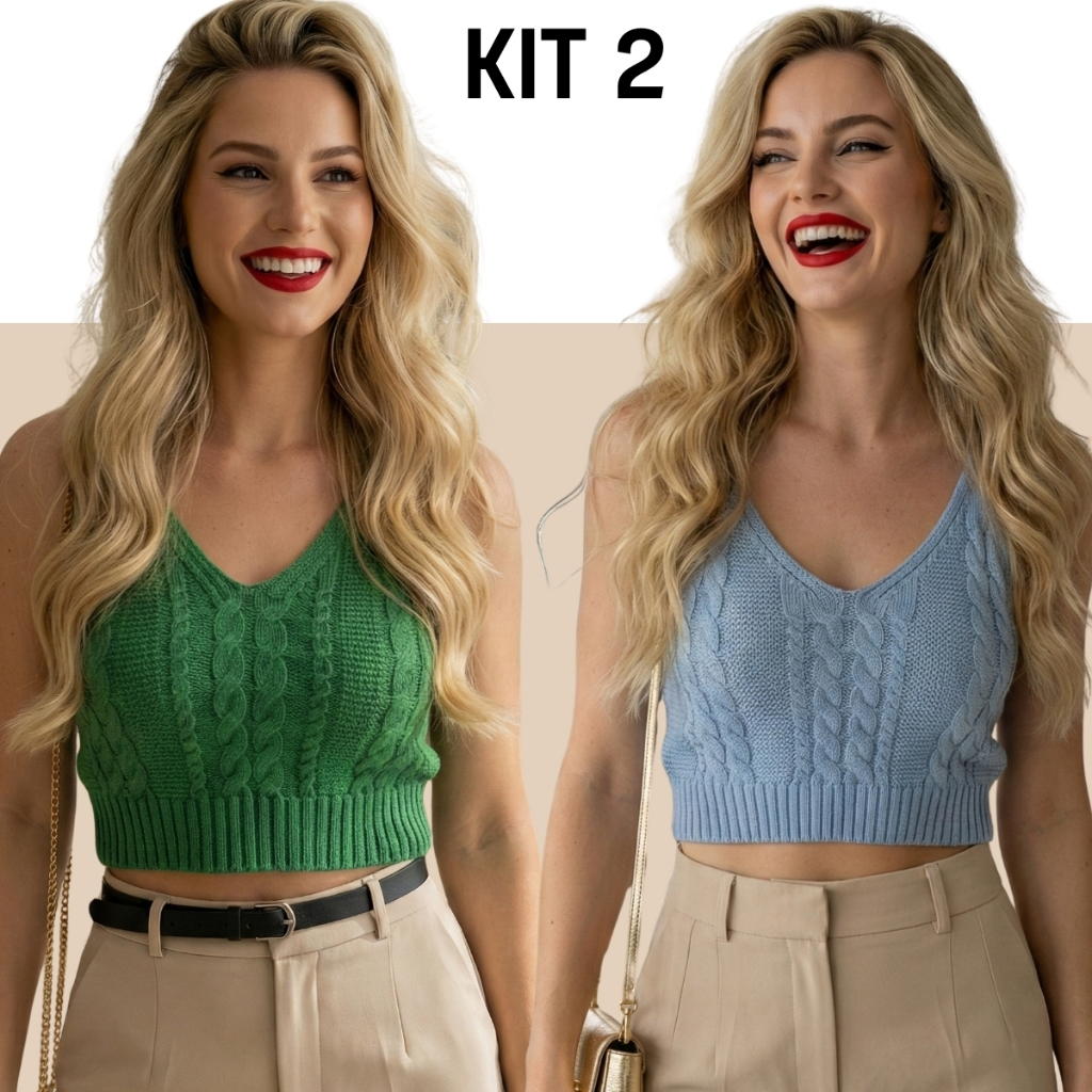 Kit 2 Blusinha Cropped Tricot Trançado Alça Fina Decote V Básico Fresquinho Verão Leve Feminino