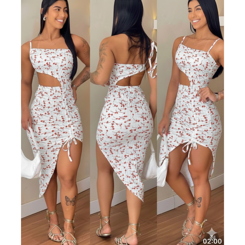 Vestido Midi Bubble Verão Estampado com Alça e Fenda Reguláveis