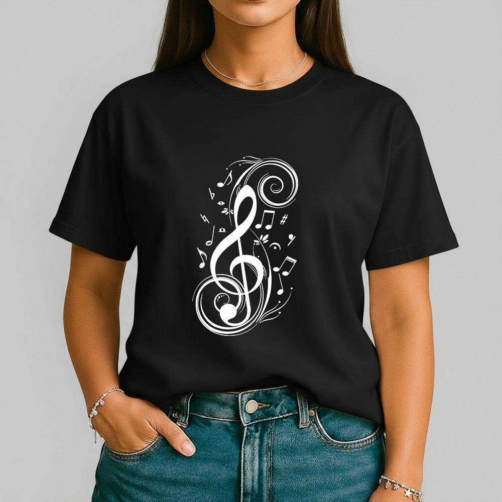 Camiseta Feminina 100% Algodão Clave De Sol Estampa Musical Notas Instrumento Camisa Casual Dia Dia