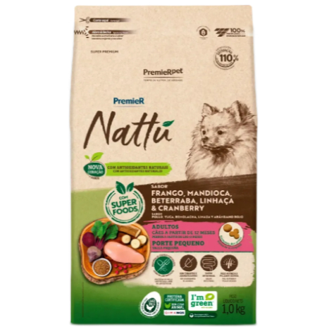 Ração para cães adultos porte pequeno Premier Nattú sabor frando e mandioca - 1kg