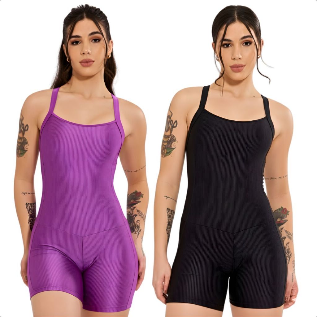 Kit 2 Macaquinho Academia Feminino Curto Fitness Modelador Malhar Alça Cruzada Costa Nua Canelado em Oferta na Shopee