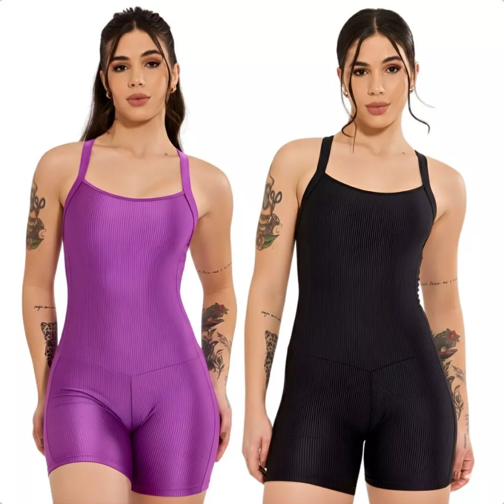 Kit 2 Macaquinho Academia Feminino Curto Fitness Modelador Malhar Alça Cruzada Costa Nua Canelado — imagem 1