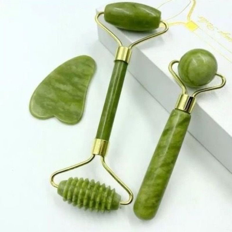 Kit Jade Roller + Gua Sha Facial | Massageador Natural Anti-Inchaço Skincare