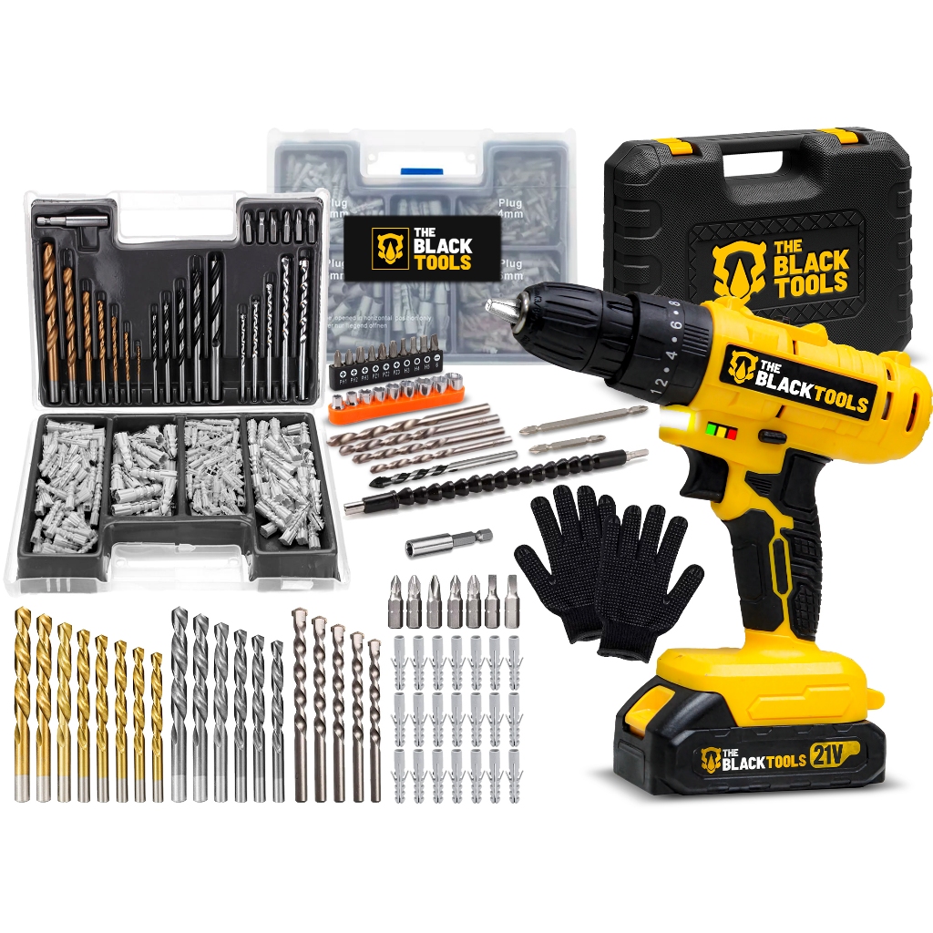 Parafusadeira E Furadeira Impacto The Black Tools 2 Baterias 21v 3/8 Com Jogo De Brocas 300 Peças em Oferta na Shopee