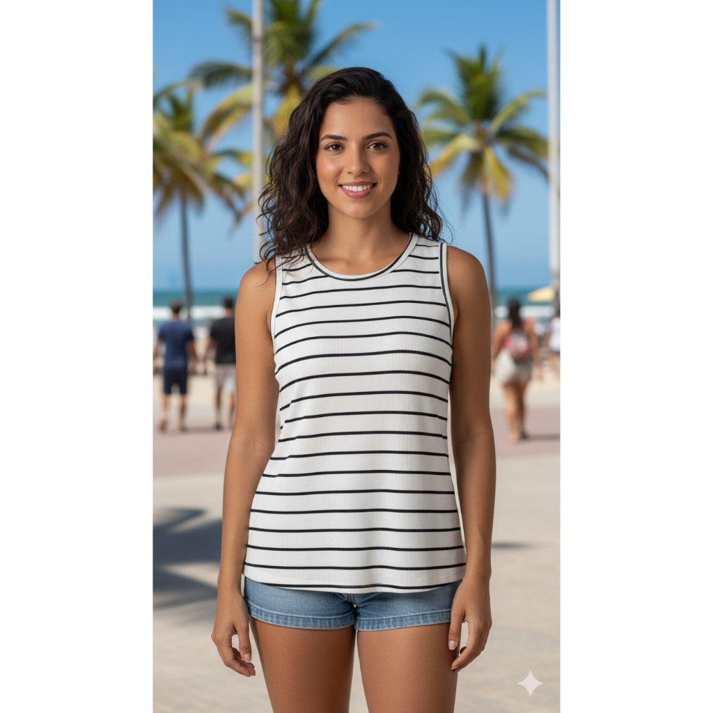 BLUSA REGATA FEMININA CANELADA TENDÊNCIA LISTRADA PREMIUM