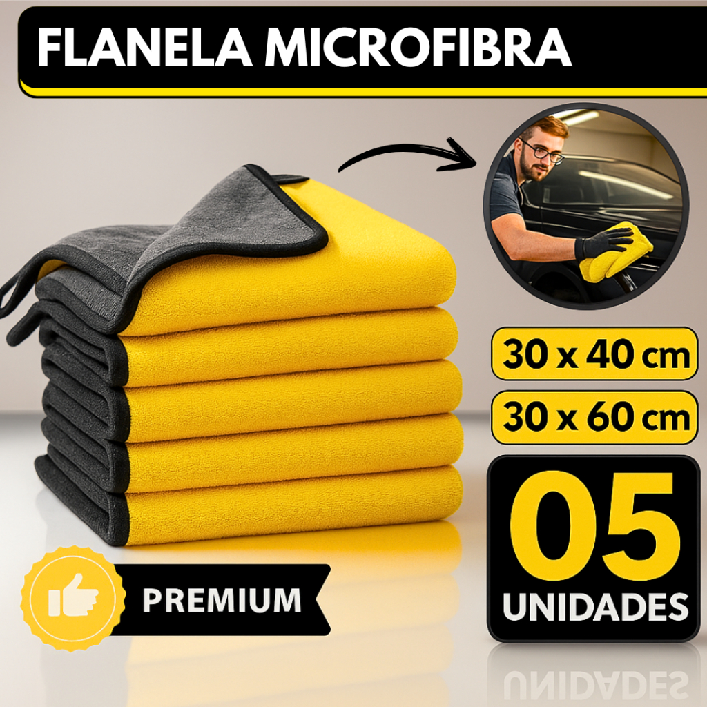 Kit 05 Flanela Microfibra Automotiva 30x40 30x60 600GSM Premium Para Lavagem de Carro