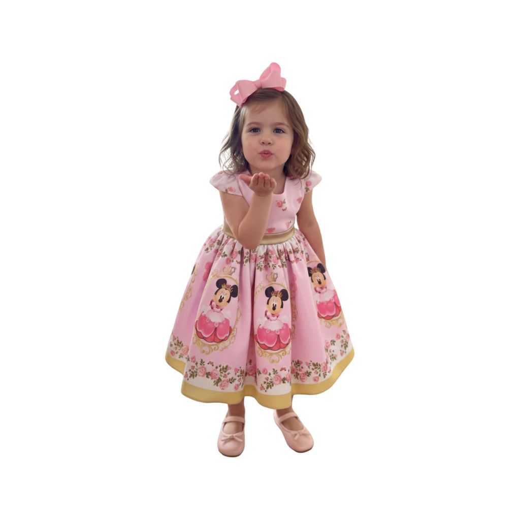 VESTIDO LUXO MINNIE REALEZA FUNDO ROSA BEBÊ