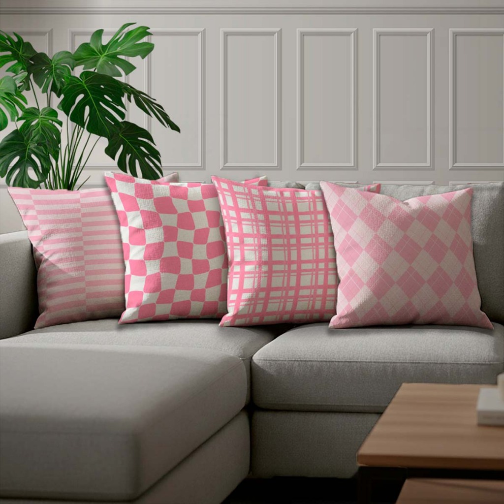 Achadinhos Shopee Kit 4 Capas de Almofadas Rosa Xadrez Geométrico Decoração Moderna Quarto e Sala Promoção