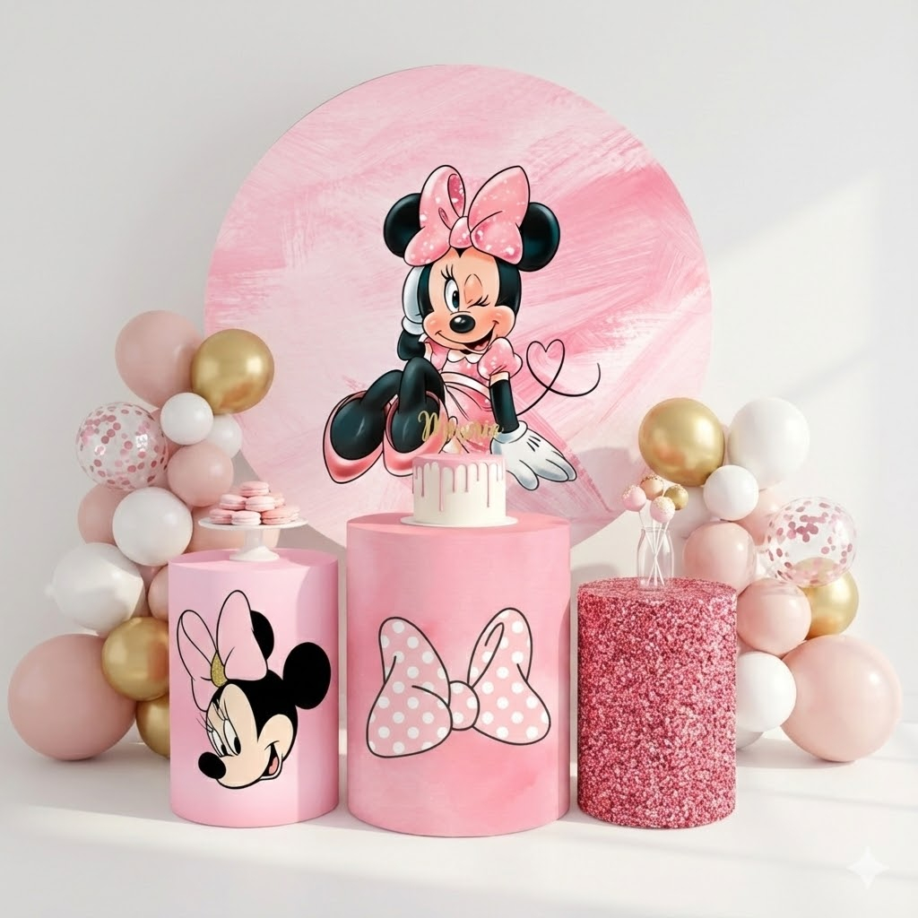 Capa Painel Minie Rosa + Capas Trio de Cilindros Decorados Tema Festa Infantil Menina Lançamento em Oferta na Shopee