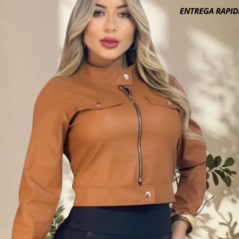 Jaqueta De Couro Feminina Com Ziper Inverno Elegante