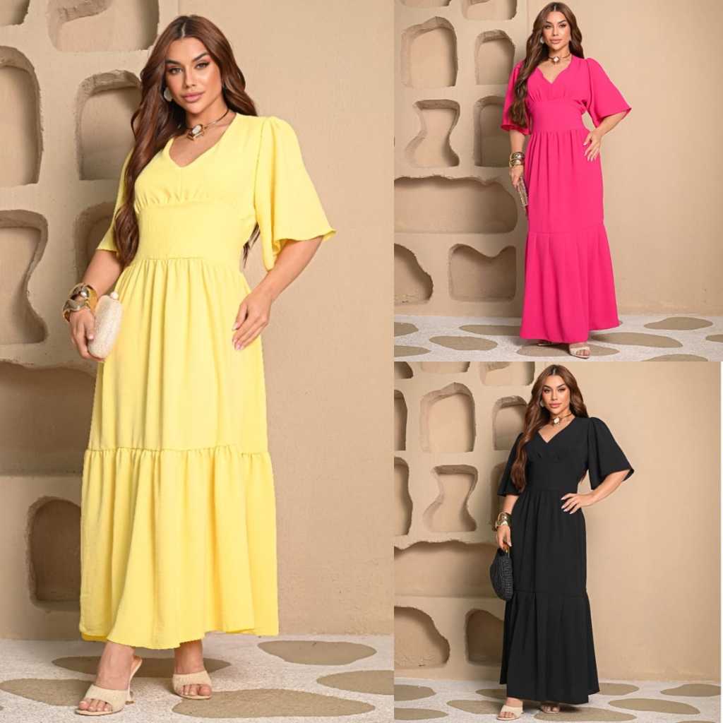 Kit 3 Vestido Feminino Longo Moda Evangélica Elegante Confortável Versátil Prático Discreto Fenda Lateral
