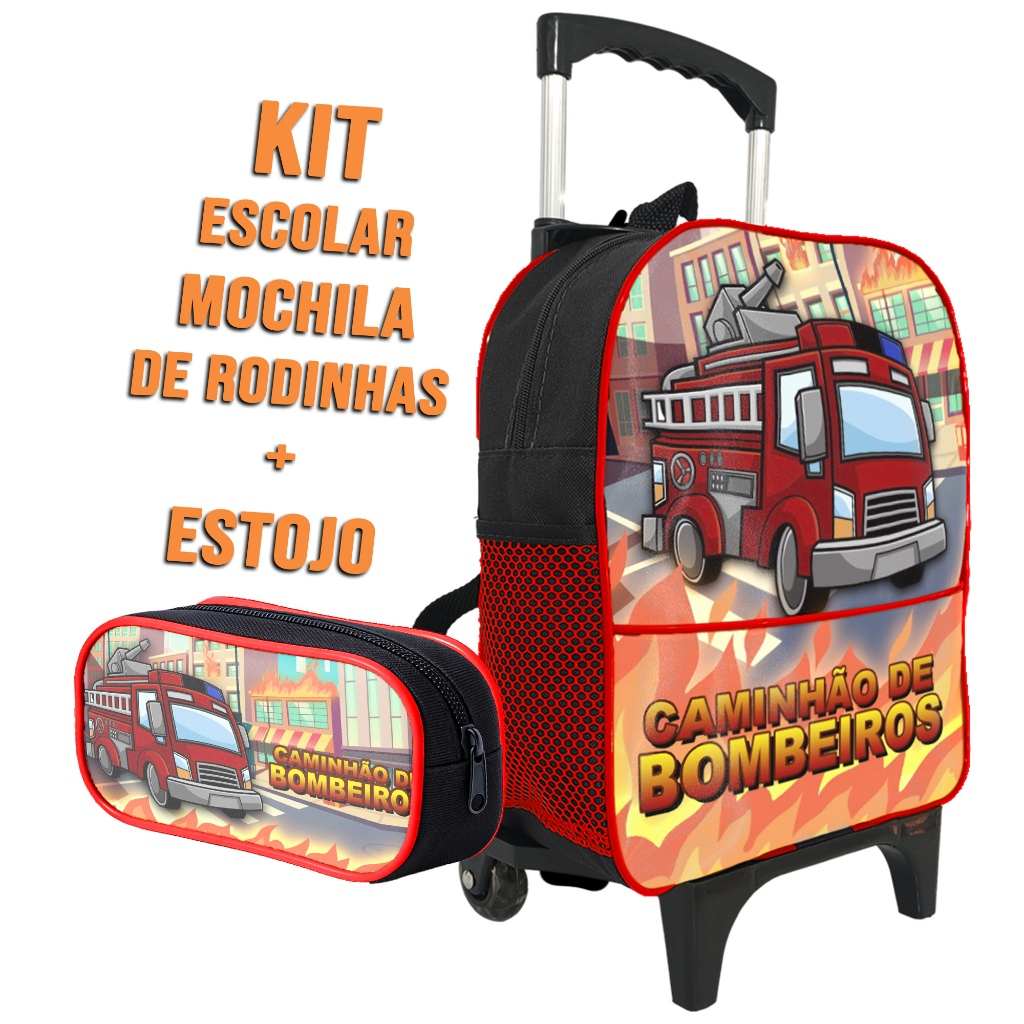 Mochila Escolar de Rodinha Infantil Menino Caminhão de Bombeiro Estojo 1 Zíper Simples em Oferta na Shopee