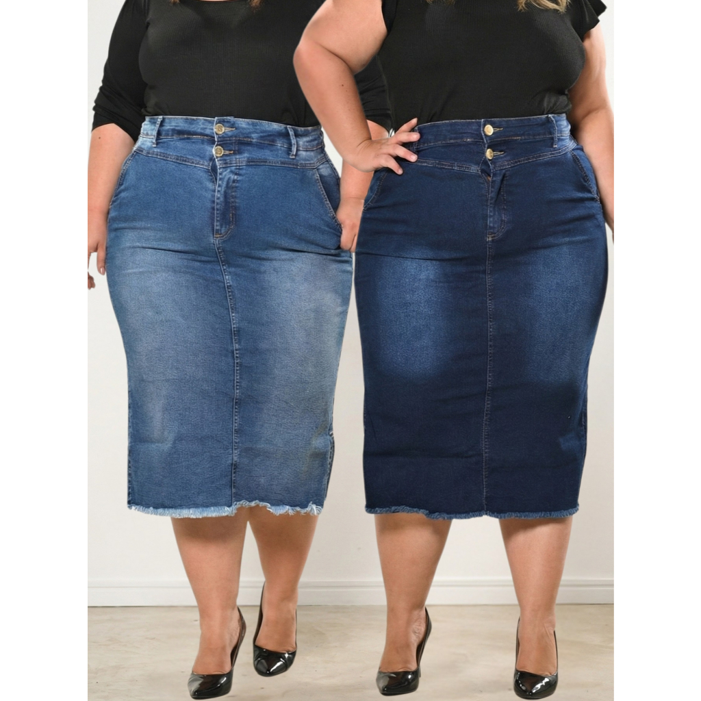 Saia Jeans Feminina Plus Size Midi Cintura Alta Abertura Lateral com Elastano em Oferta na Shopee