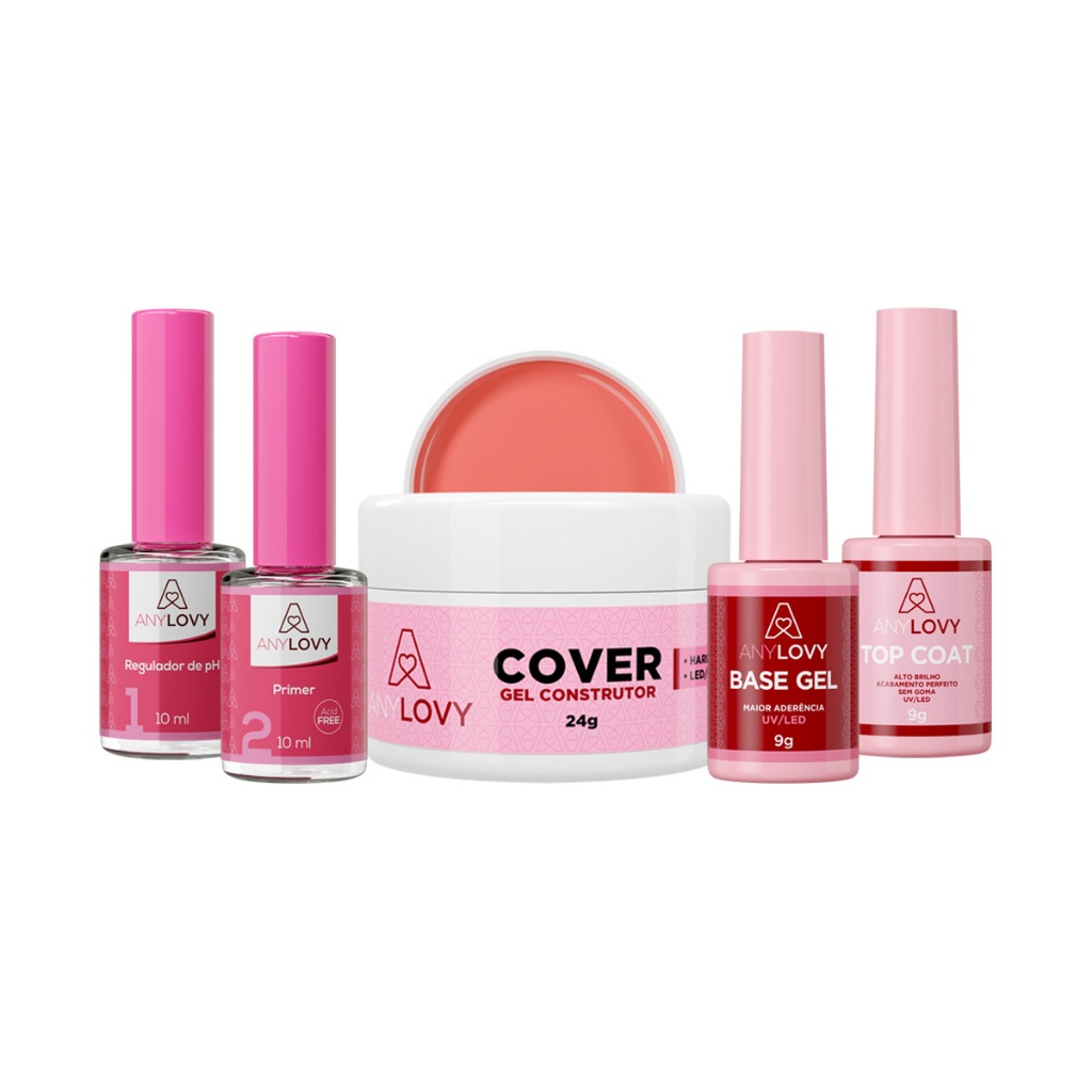 Kit Any Lovy Primer Regulador De Ph Top Coat Gel Base + Gel 24g ( Escolha Sua Cor )