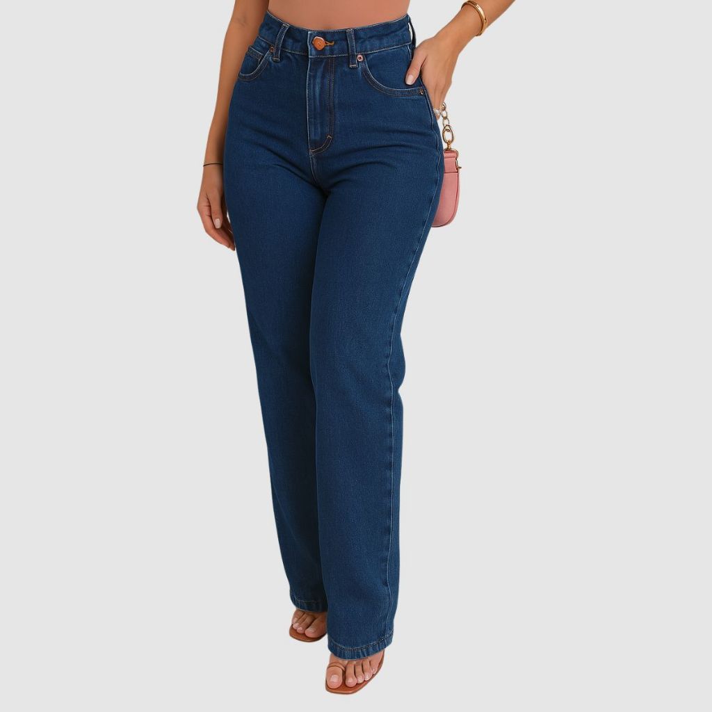 Calça Jeans Wide Leg Pantalona Estilosa Cintura Alta Com Bolsos Casual