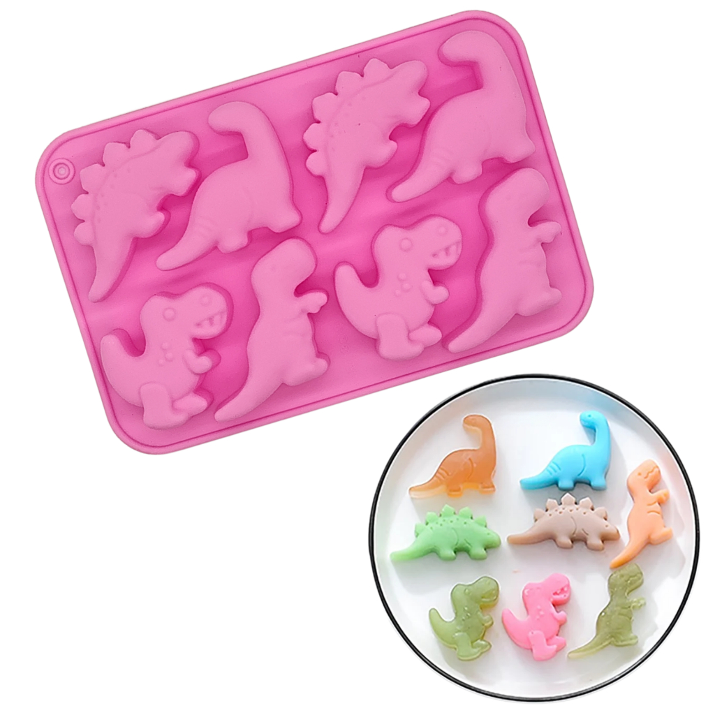 Molde de Silicone Dinossauro Chocolate Forma 8 Cavidades Doces Bolinho Sabonete Resina