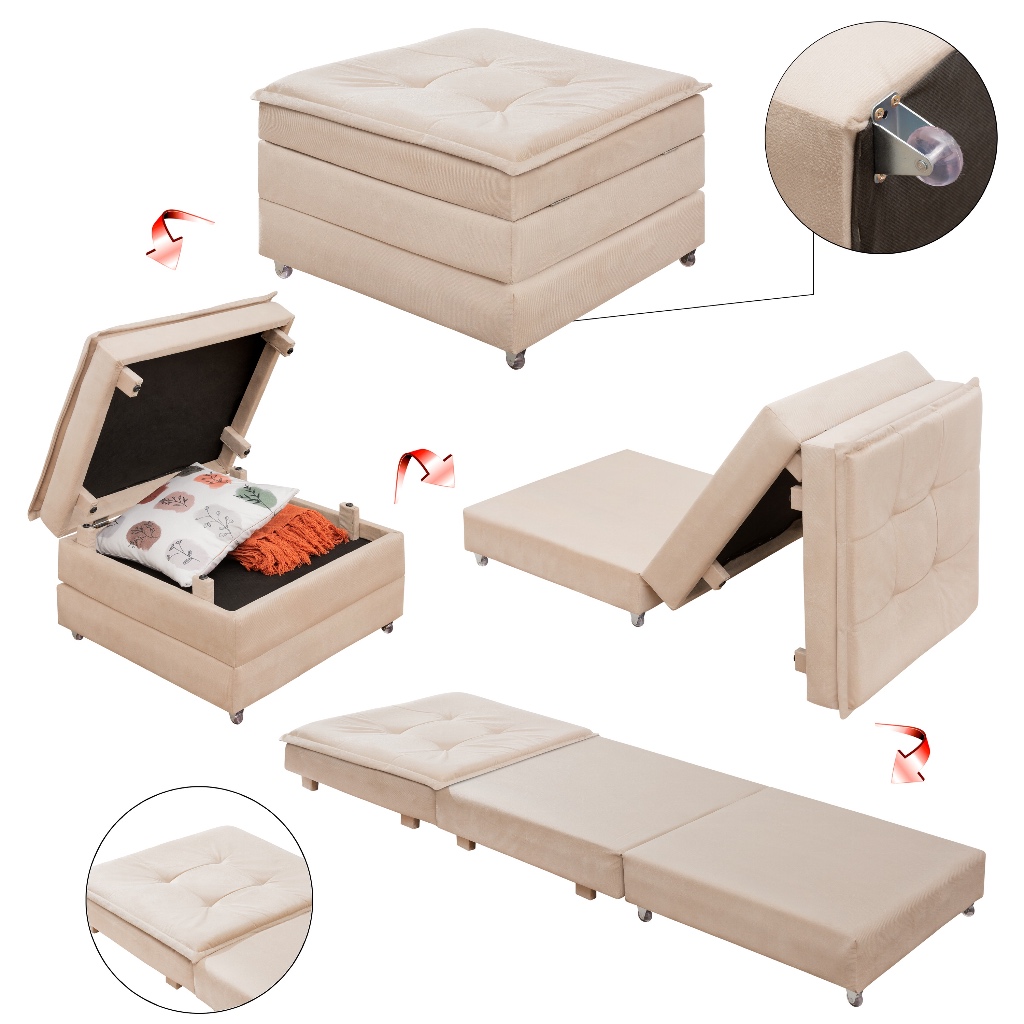 Puff Baú Quadrado MDF Com Rodinhas Vira Cama Colchão Solteiro Confortável e Moderno em Oferta na Shopee