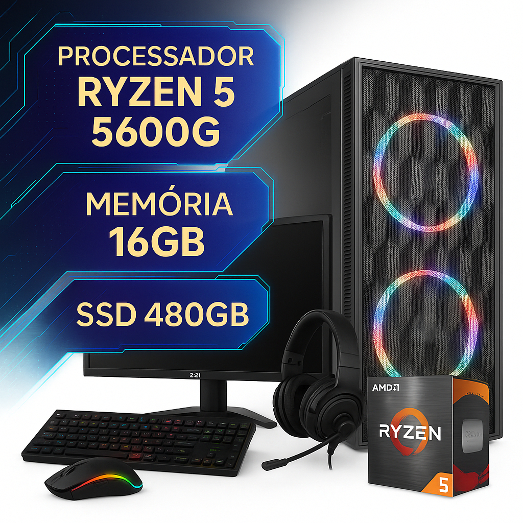 Computador Gamer AMD Ryzen 5 5600G 16GB SSD 480GB | Monitor 20" | Kit Completo RGB | Wi-Fi | Windows 11 Pro | PC Pronto