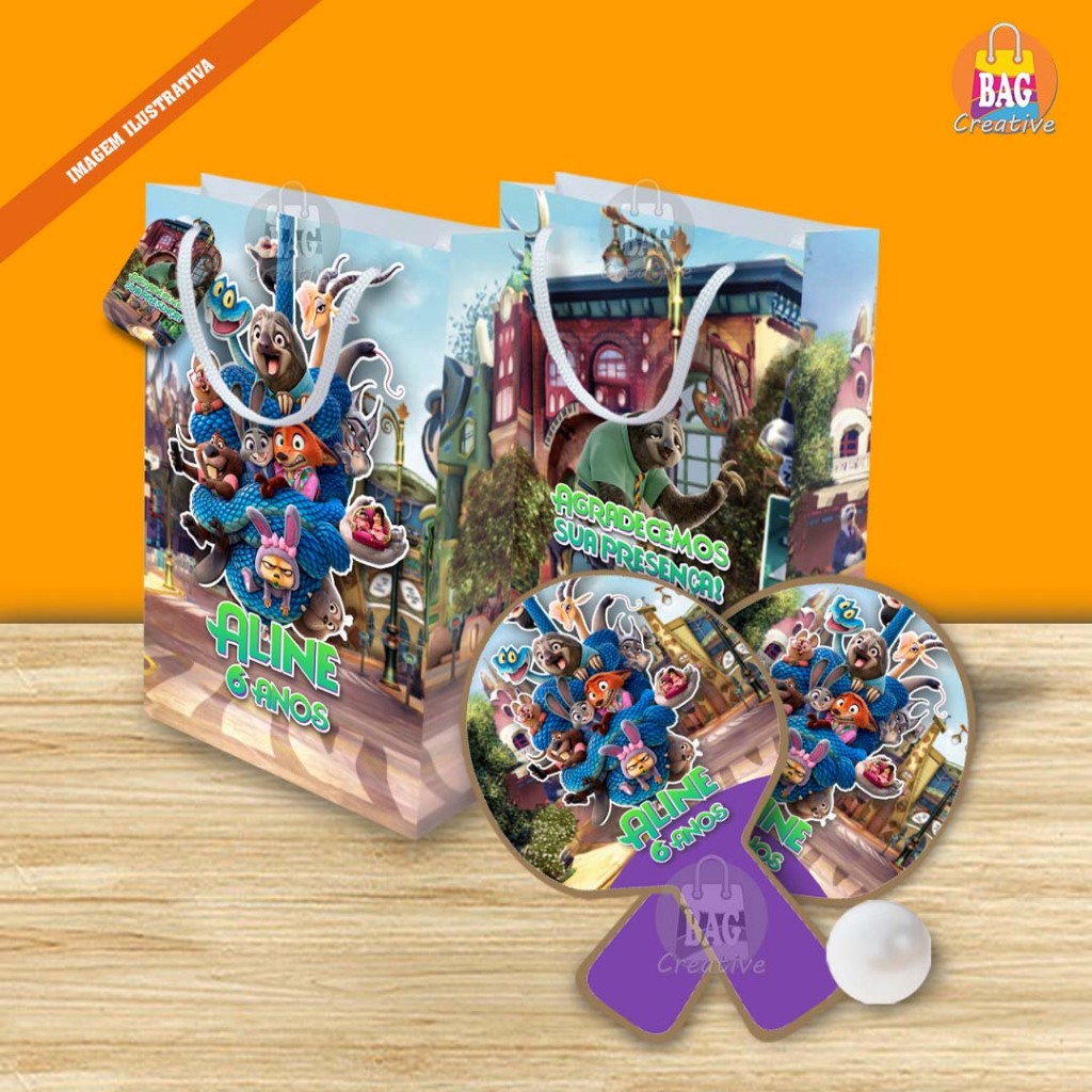 Sacolinha com Raquete Personalizada Zootopia 2 Lembrancinha Festa Aniversário Infantil