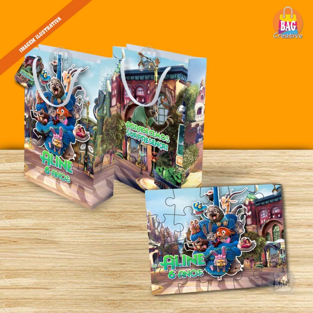 Sacolinha com Quebra cabeça Personalizado Zootopia 2 Lembrancinha Festa Aniversário Infantil