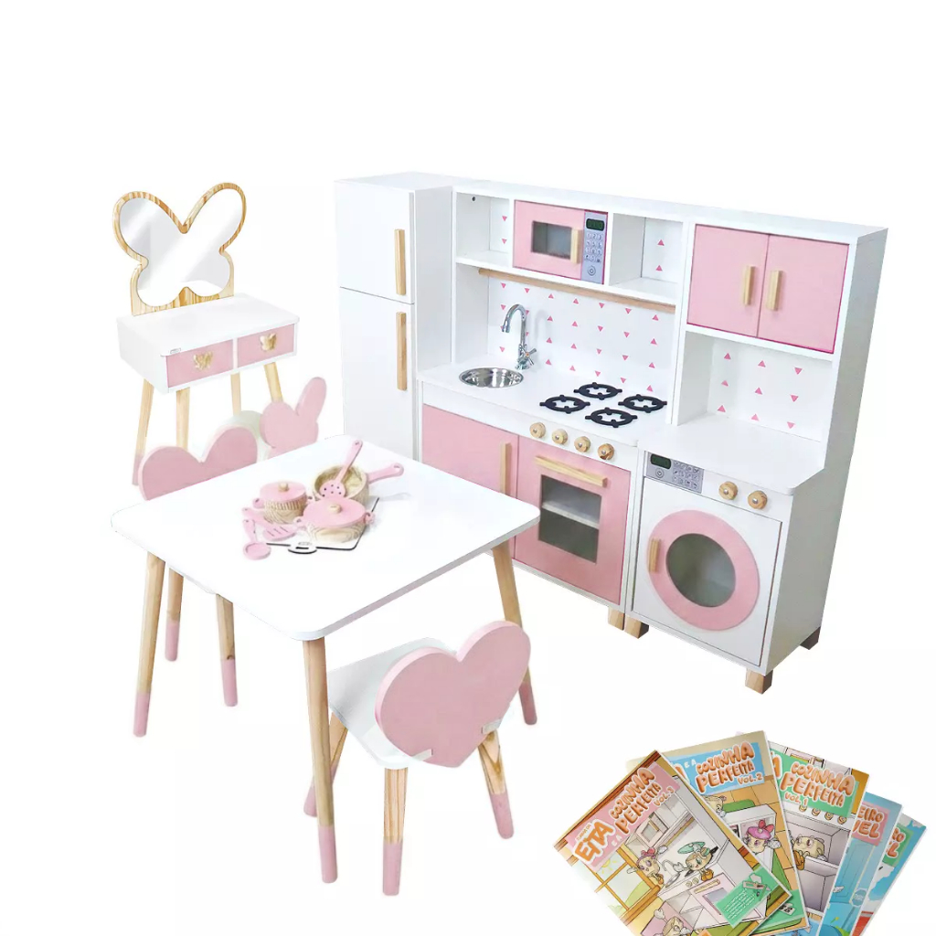 Combo Brinquedoteca Penteadeira Grande Madeira Infantil Rosa Bebê Faz de Conta Beleza Quarto Criança Kit Livro Educativo em Oferta na Shopee