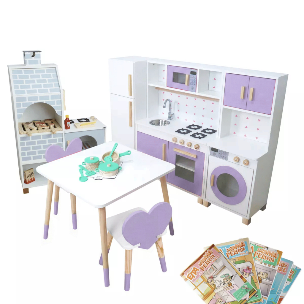 Imagem Combo Verão Animado Grande Brinquedoteca Madeira Lilás Faz de Conta Pedagógico Infantil Montessori Kit Livro Educativo