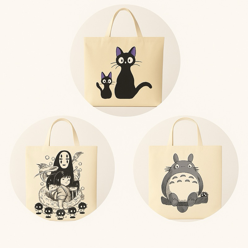 Ecobag Anime Ghibli Premium Totoro Sem-Face Jiji Bolsa Reutilizável Estampada